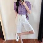 V-neck Lace Blouse / High-waist Dress Shorts With Belt