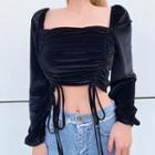 Shirred Front Long-sleeve Square Neck Cropped Blouse