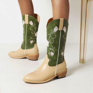 Block Heel Embroidered Mid Calf Cowboy Boots