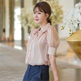 Frill-trim Puff-sleeve Sheer Blouse