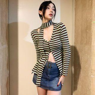 Striped Tie-neck Slit-hem Cardigan