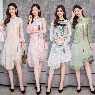 Asymmetric Hem Long-sleeve Lace Dress