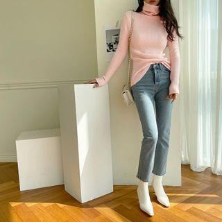 Turtle-neck Ribbed-knit Slim-fit Top
