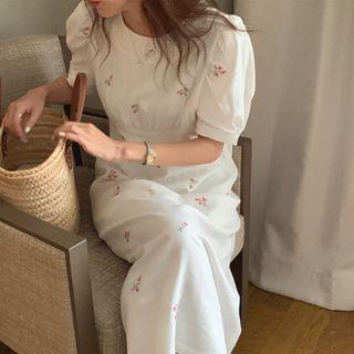Short-sleeve Floral Embroidered Midi Dress White - One Size