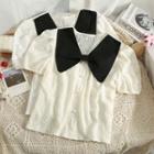 Ribbon-collar Lace Crop T-shirt