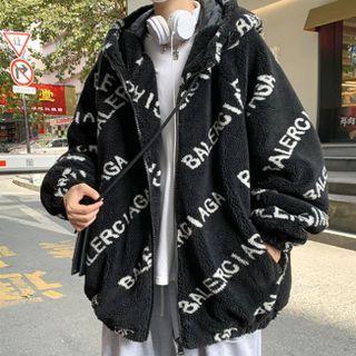 Lettering Print Fluffy Hooded Zip Jacket