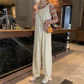Flower Print Long-sleeve T-shirt / Knitted Wide-leg Jumpsuit