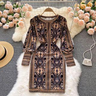 Round-neck Print Long-sleeve Dress Coffee - One Size