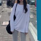 Off-shoulder Long-sleeve Plain T-shirt / High-waist Plain Boot-cut Pants
