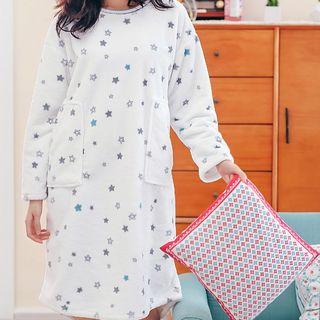 Set: Star Print Coral Fleece Sleep Dress + Hooded Scarf + Eye Mask + Facial Headband
