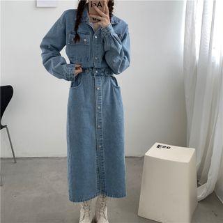 Long-sleeve Polo Collar Single-breasted Denim Dress