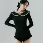 Long-sleeve Collar Faux Pearl Swimsuit