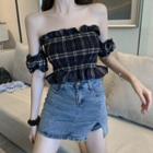Short-sleeve Plaid Ruffle Trim Shirred Top As Shown In Figure - One Size