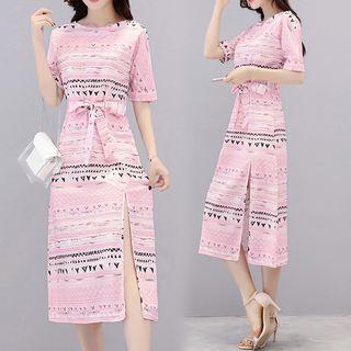 Print Short-sleeve Slit Chiffon Dress With Sash