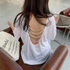Faux-pearl Detail Open-back Elbow-sleeve Oversize Top
