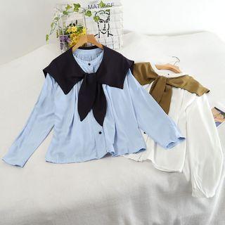 Set: Plain Long Sleeve Blouse + Knit Shawl
