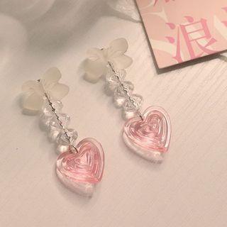 Bow Heart Drop Earring 1 Pair - Transparent & Pink - One Size
