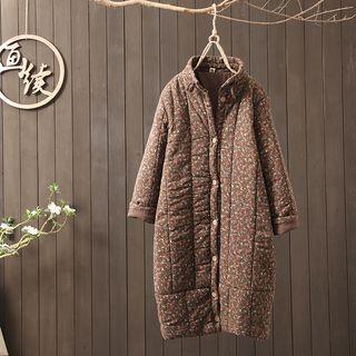 Floral Print Quilted Buttoned Long Jacket