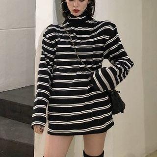 Long-sleeve Turtle-neck Striped T-shirt As Figure - One Size