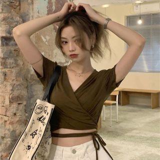 Tie-accent Cropped Wrap T-shirt
