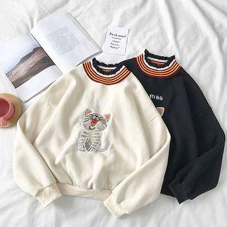 Kitty Embroidered Mock-neck Fleece Long-sleeve Sweatshirt