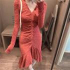 Shirred V-neck Long-sleeve Slim-fit Dress - 2 Colors