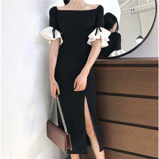 Color-block Bell-sleeve Sheath Midi Dress