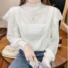 Long-sleeve Mock-neck Lace Trim Perforated Blouse