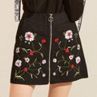 Floral Embroidered Zip-front A-line Denim Skirt