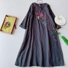 Long-sleeve Floral Embroidered Midi Shift Cheongsam Dress