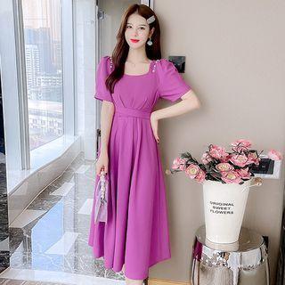 Short-sleeve Square-neck Embellished Midi A-line Dress