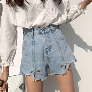 Faux Pearl Detail Wide Leg Denim Shorts