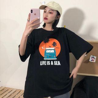 Short-sleeve Bus Print Round Neck T-shirt