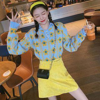 Polo Collar Flower Printed Knit Sweater / High-waist Plain Corduroy Skirt