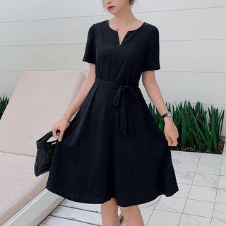 Short-sleeve Notched Neckline A-line Dress