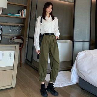 Plain Single-breasted Long-sleeve Blouse / Plain High-waist Pants