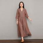 3/4-sleeve V-neck Maxi A-line Dress