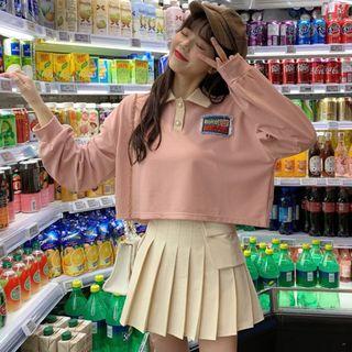Long-sleeve Cropped Polo Shirt / Pleated A-line Skirt