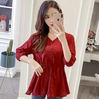 3/4-sleeve V-neck Drawstring Blouse