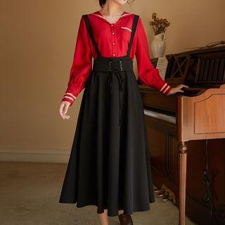 Set: Contrast Trim Blouse + Midi Suspender Skirt