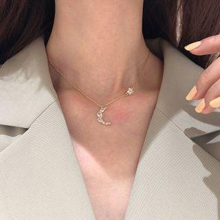 Rhinestone Moon & Star Pendant Choker 1 Pc - As Shown In Figure - One Size
