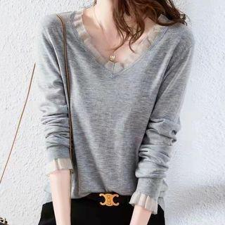 V-neck Long-sleeve Ruffle Trim T-shirt