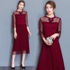 Dotted Mesh Panel 3/4 Sleeve Pleated Dress