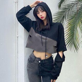 Two-tone Distressed Cropped Hoodie