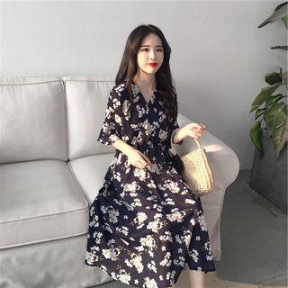 Elbow-sleeve Floral Printed Dress