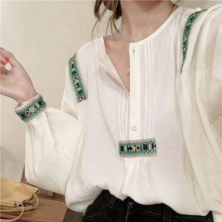 Long-sleeve Embroidered Blouse Shirt - One Size