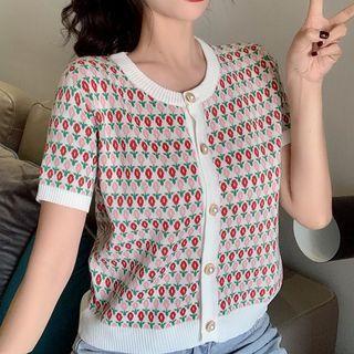 Short-sleeve Floral Button-up Knit Top As Figure Shown - One Size
