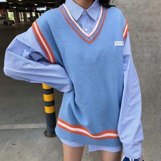 Striped Shirt / Contrast Trim V-neck Knit Vest