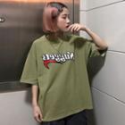 Lettering Elbow-sleeve T-shirt Green - One Size