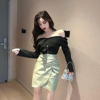Cold Shoulder Long-sleeve Top / Faux Leather Skirt